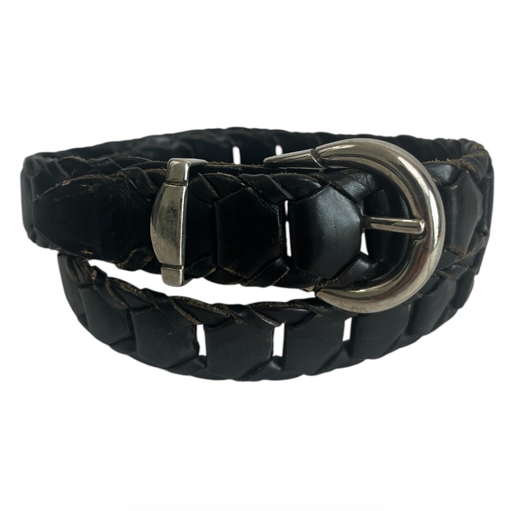 Woven Brown Leather Belt, Size 34, Silver Buckle